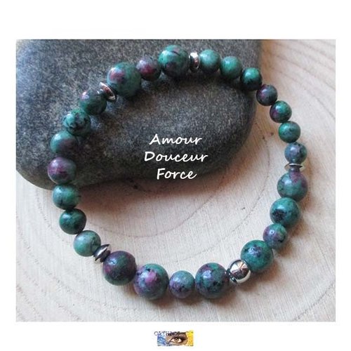 Bracelet "amour-douceur-force-protection-guérison puissante"- rubis zoïsite (ou fuchsite) - acier inoxydable