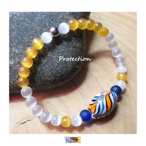 Bracelet "protection" perles œil de chat, verre, acier inoxydable