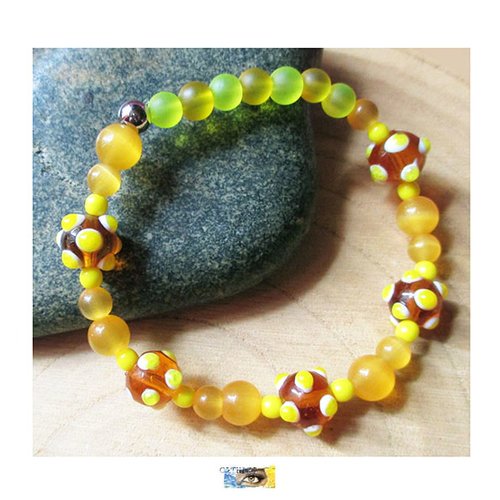 Bracelet perles œil de chat, verre, verre lampwork (artisanal à picots) - acier inoxydable