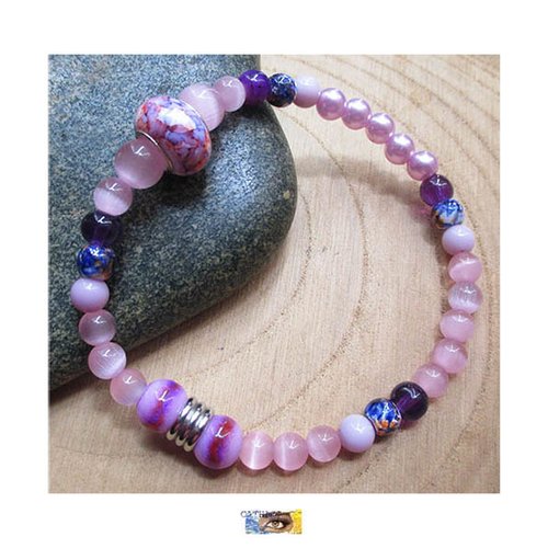 Bracelet perles œil de chat, verre,  et acrylique (européenne) - acier inoxydable