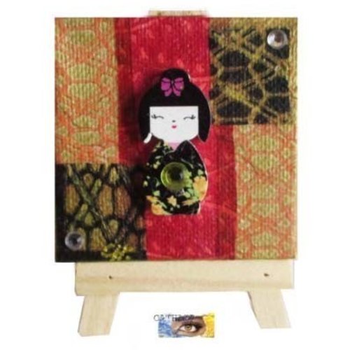 Mini toile + chevalet - "poupée japonaise" bois - collages papiers japonais, toile poupée, déco enfant