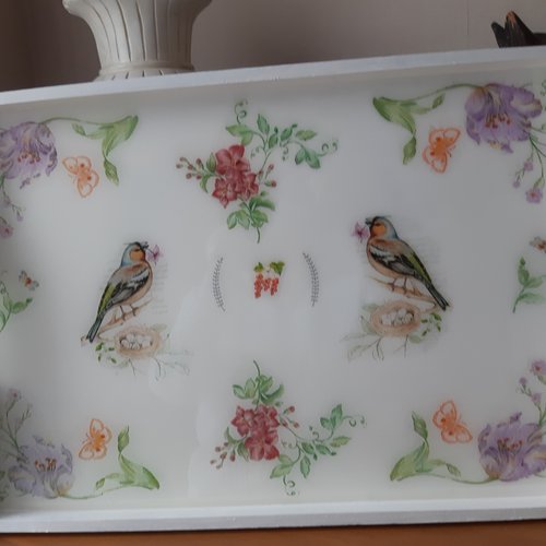 Grand plateau 50 x 35 cm motifs fleurs et oiseaux