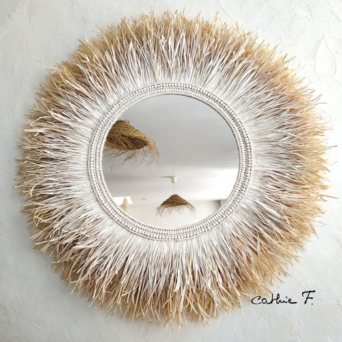 Grand miroir ethnique blanc bicolore raphia line 95