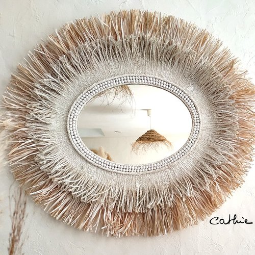 Grand miroir ethnique ovale raphia sourya blanc 86
