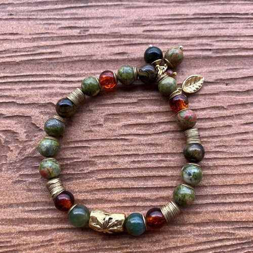 Bracelet ethnique chic semi précieuse unakite, œil de tigre, jade vert, étain massif et verre indien