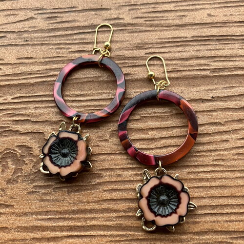 Boucles créole artistiques hivernales romantiques en résine acétate et verre picasso tchèque, boucles originales, anneaux