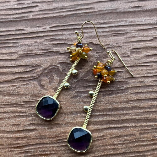 Boucles modernes romantiques artistiques en plaqué or, semi précieuse améthyste et agate orange