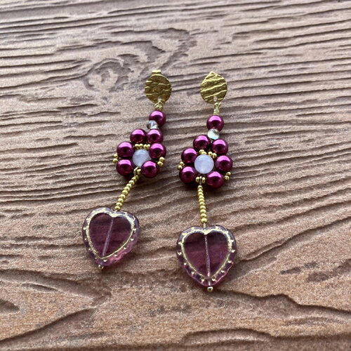 Boucles fleur et cœur artistique en verre picasso tchèque et semi précieuse quartz rose