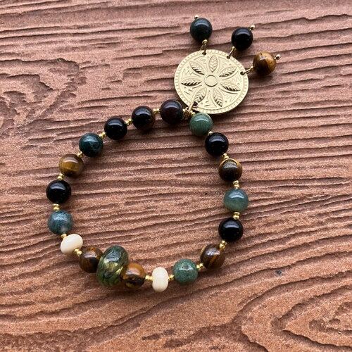 Bracelet original perles semi précieuse onyx noir, œil de tigre, agate tibétaine