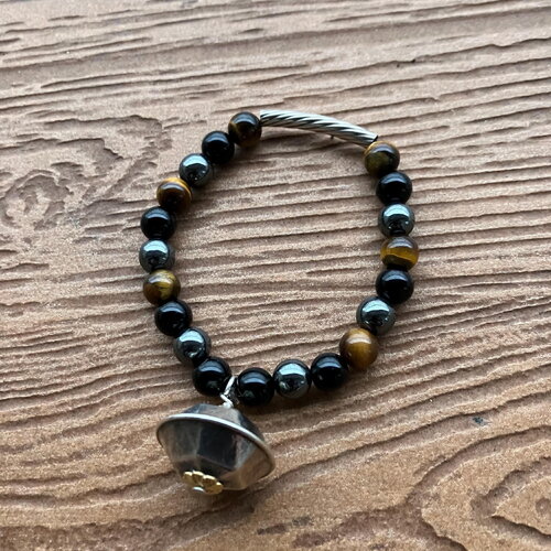 Bracelet original en pierres semi précieuse œil de tigre, hématite et onyx noir