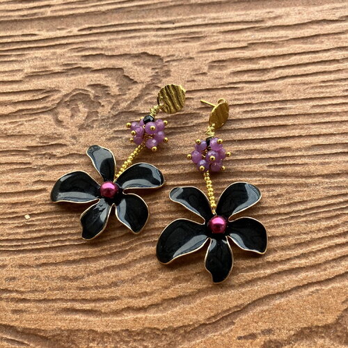 Grandes boucles d oreille fleur en acier inoxydable, émail et semi précieuse facette