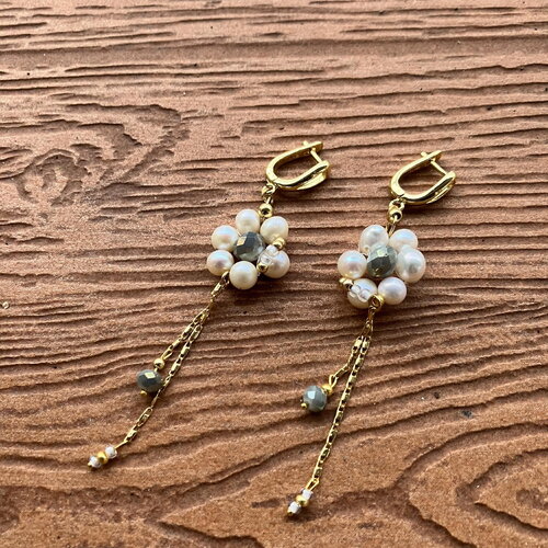 Longues boucles d oreilles romantiques en plaqué or 18 carats, perles naturelles d eau douce et verre tchèque