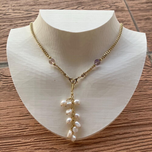 Collier ras de cou pendentif grappe plaqué or, semi précieuse amétrine et perles naturelles d eau douce