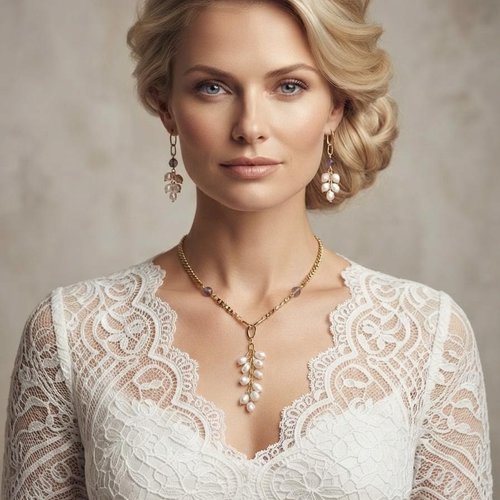 Collier ras de cou pendentif grappe plaqué or, semi précieuse amétrine et perles naturelles d eau douce
