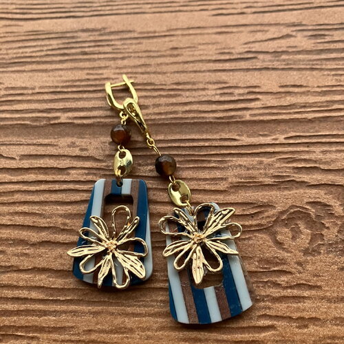 Boucles pendantes artistiques en résine et bois, plaqué or, semi précieuse et zamac