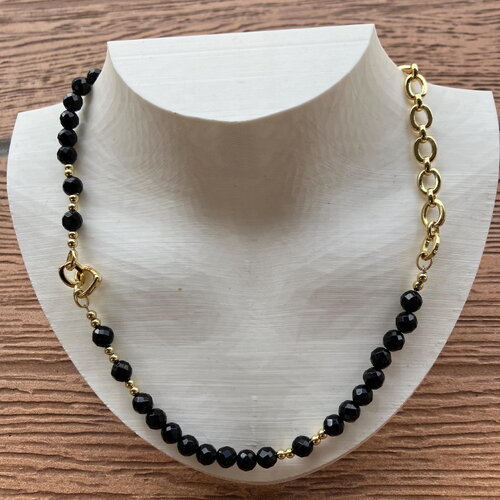 Collier original bi matière plaqué or et semi précieuse onyx noir facette