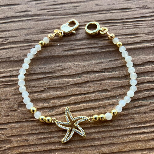 Bracelet chic minimaliste de semi précieuse pierres de lune et plaqué or 18k 3/5 microns avec connecteur étoile plaqué or 18k 3 microns