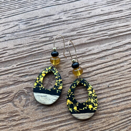 Boucles bohème chic originale bi matière résine et bois, verre filé d art, plaqué or et bronze