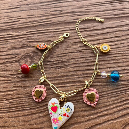 Bracelet pampilles cœur porte bonheur en plaqué or, verre filé d art, émail, cristal swarovski, céramique et porcelaine émaillée d art