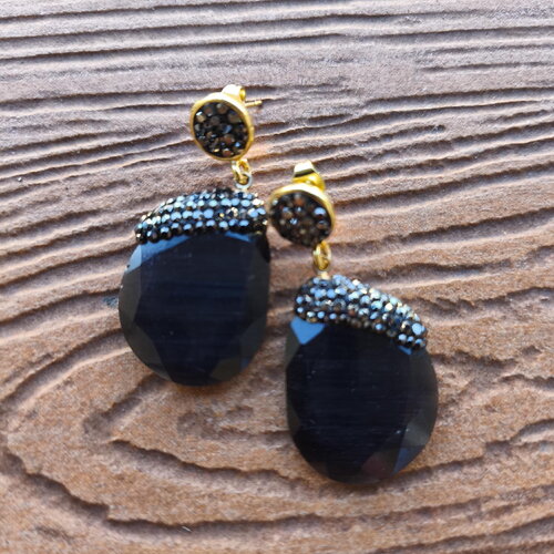Boucles semi précieuse quartz oeil de chat et strass