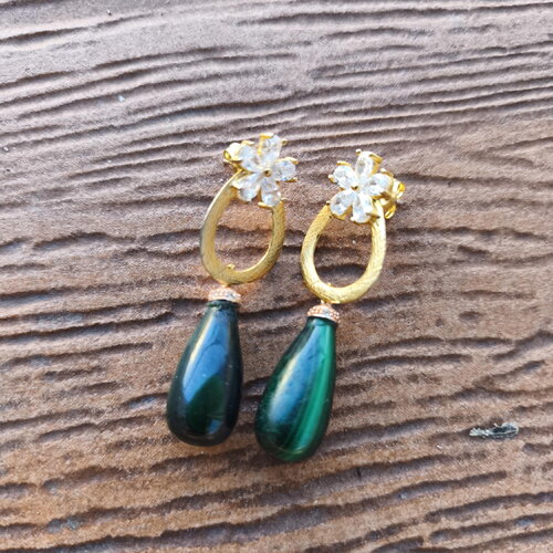 Boucles semi précieuses en malachite et plaque or