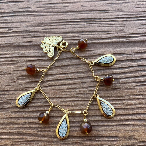 Bracelet chaîne pampilles plaqué or vintage avec semi précieuse cornaline facettée