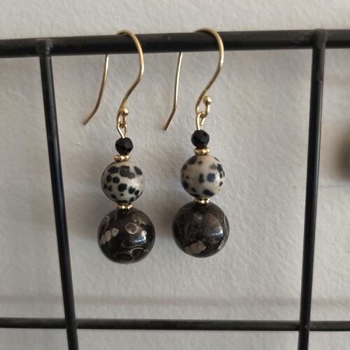 Boucles semi précieuse, boucles en jaspe dalmatien, obsidienne flocon de neige café, boucles ethniques