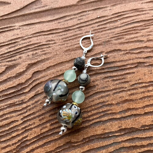 Boucles, boucles originales, boucles romantiques, verre filé d art, semi précieuse, aventurine, jaspe zèbre, argent 925