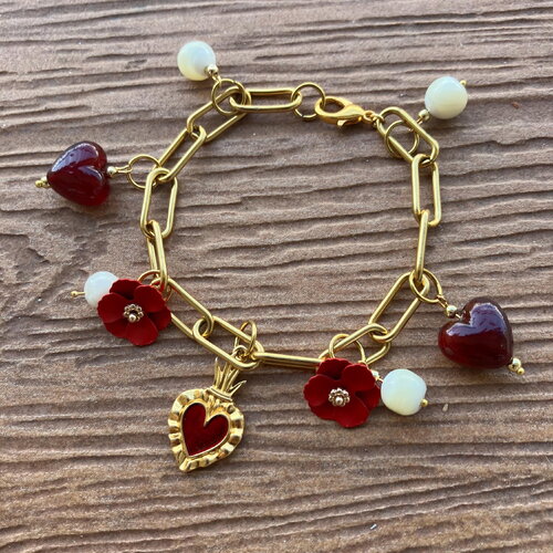 Bracelet breloques en acier inoxydable, verre de murano, perles de nacre naturelles et plaqué or