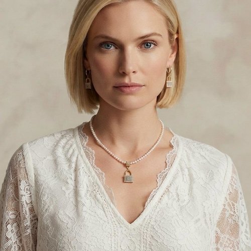 Collier chic perles naturelles d eau douce avec pendentif cadenas en plaqué or