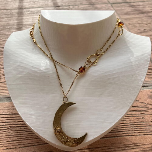 Sautoir, long sautoir moderne, plaqué or 18k avec lune, bronze massif, pierres semi précieuse, ambre de la baltique