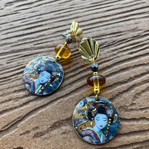 Boucles japonisantes bohème chic marron et jaune, naelatelier