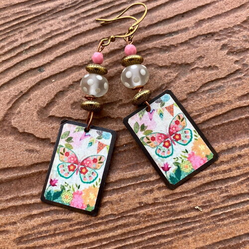 Boucles, boucles vintage, papillon, verre filé, laiton peint