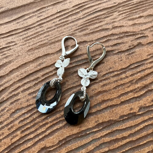 Boucles, boucles d oreilles cristal swarovski, boucles argent 925, boucles fleur, boucles grises, boucles argent