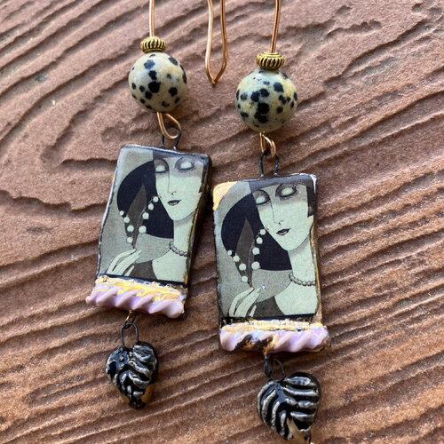 Boucles vintage en céramique d art et jaspe dalmatien