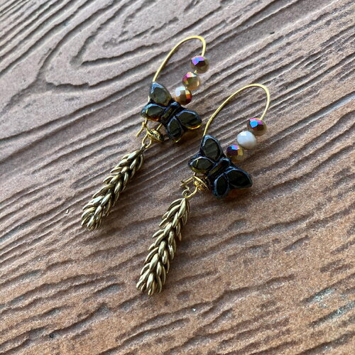 Boucles vintage épi en laiton massif et verre picasso tchèque