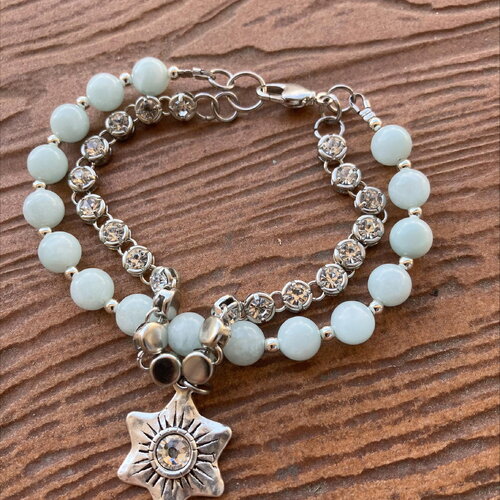 Bracelet semi precieuse, bracelet angelite vert, bracelet chic, bracelet double rang strass, fête des mères