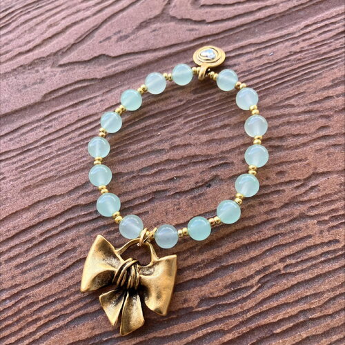 Bracelet semi precieuse aventurine claire, bracelet vintage, bracelet noeud etain doré, fête des mères