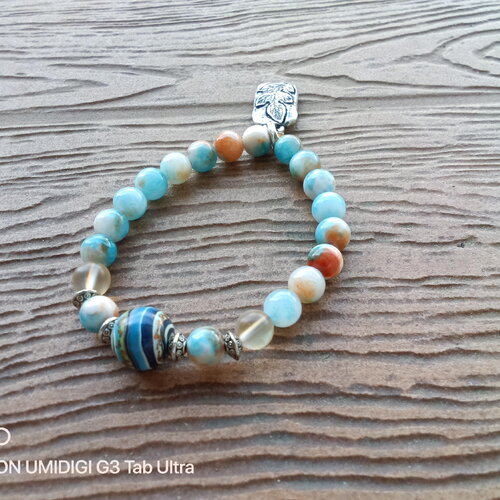 Bracelet semi précieuse calcédoine de perse blanc bleu orange, bracelet fête des meres