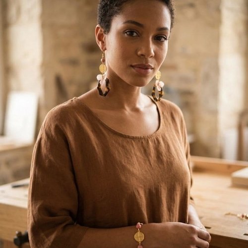Longues boucles bohème chic printanières légères en résine acétate, plaqué or et laiton doré à l or fin 24 carats