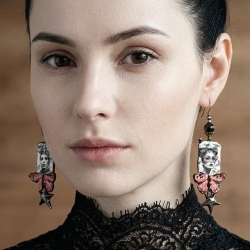 Boucles art deco originales en nobium, semi précieuse jade mashan, améthyste facette et céramique d art