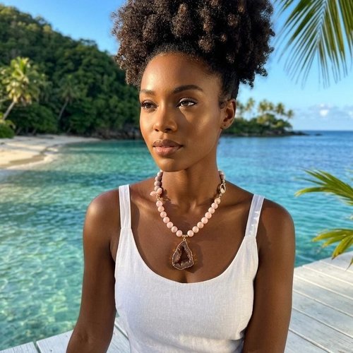 Collier ras de cou jade rose poudre or, plaqué or avec son pendentif en agate druzy