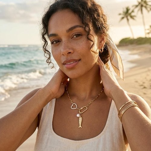 Collier moderne asymétrique en plaqué or 18 carats avec son pendentif poisson ajouré et sa perle de culture