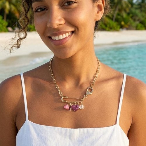 Collier moderne pampilles moderne or et rose en plaqué or 18 carats et zircons