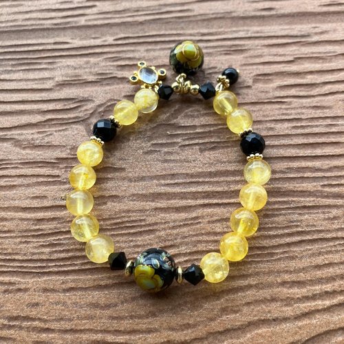 Bracelet chic semi précieuse citrine, onyx facette, plaqué or et cristal