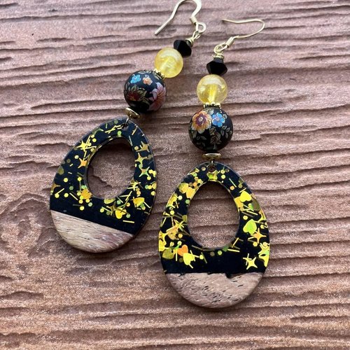 Longues boucles japonisantes en résine et bois, tensha japonaise, semi précieuse citrine et cristal swarovski