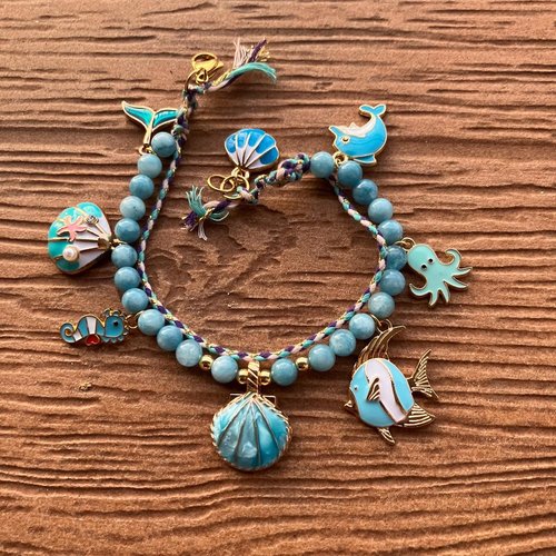 Bracelet de la mer en semi précieuse aiguë marine, émail et coton tressé