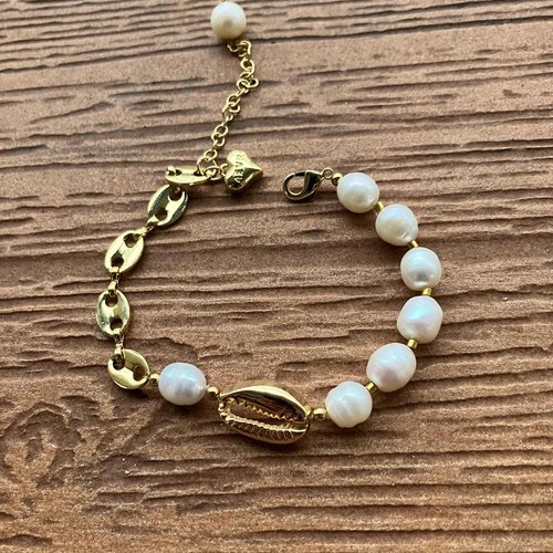Bracelet bi matière chic en plaqué or 18 carats et perles d eau douce