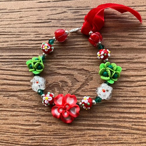 Bracelet romantique saint valentin en verre filé d art, pâte polymère et cristal swarovski