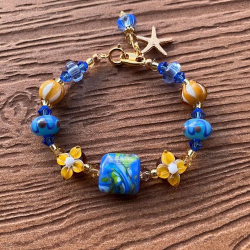 Bracelet bleu ocre romantique tout en verre filé d art et cristal swarovski